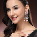 Oxidised Floral Shaped Pink CZ Studded And Pearl Beaded Dangler Earrings