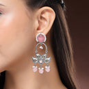Oxidised Floral Shaped Pink CZ Studded And Pearl Beaded Dangler Earrings