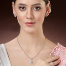 Rhodium Plated Silver Toned Oval Shaped Pink American Diamond Studded Pendant Combo With Ring