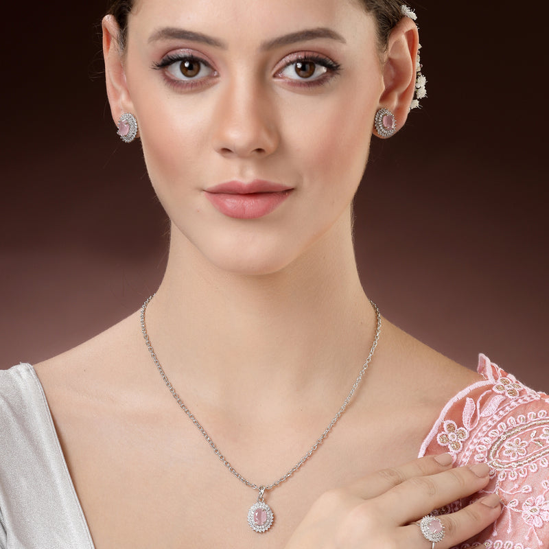Rhodium Plated Silver Toned Oval Shaped Pink American Diamond Studded Pendant Combo With Ring
