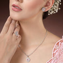 Rhodium Plated Silver Toned Oval Shaped Pink American Diamond Studded Pendant Combo With Ring
