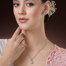 Rhodium Plated Silver Toned Tear Dropped Shaped Pink American Diamond Studded Pendant Combo With Ring