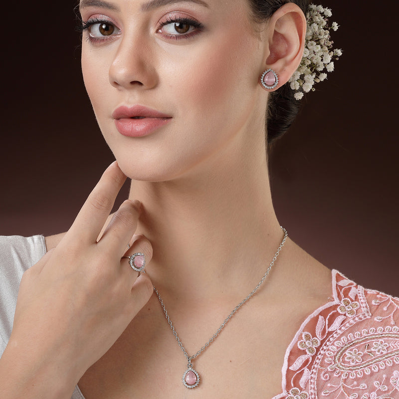 Rhodium Plated Silver Toned Tear Dropped Shaped Pink American Diamond Studded Pendant Combo With Ring