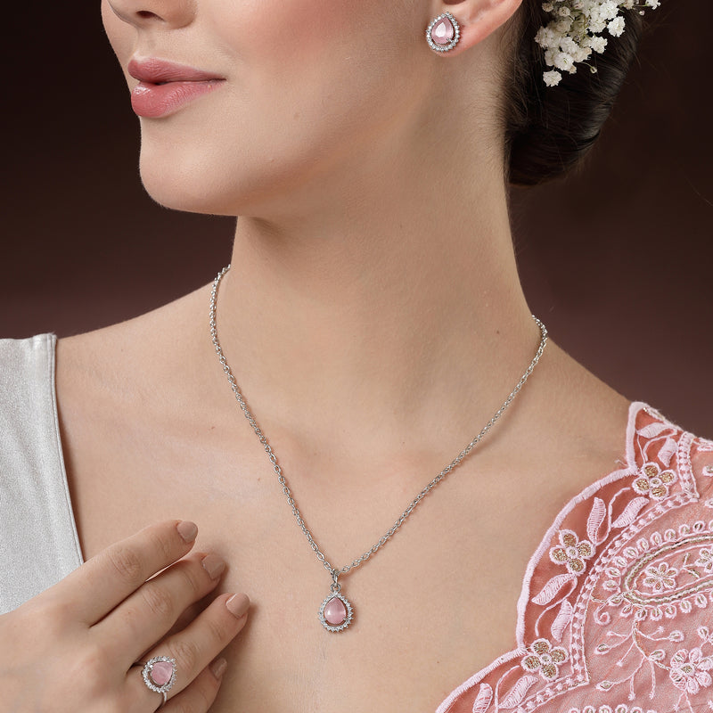 Rhodium Plated Silver Toned Tear Dropped Shaped Pink American Diamond Studded Pendant Combo With Ring