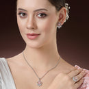 Rhodium Plated Silver Toned Pink Tear Dropped  Shaped American Diamond Studded Pendant Combo With Ring