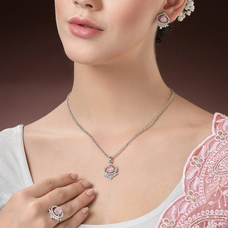 Rhodium Plated Silver Toned Pink Tear Dropped  Shaped American Diamond Studded Pendant Combo With Ring