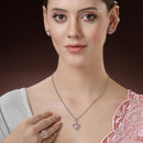 Rhodium Plated Silver Toned Heart Shaped Pink American Diamond Studded Pendant Combo With Ring