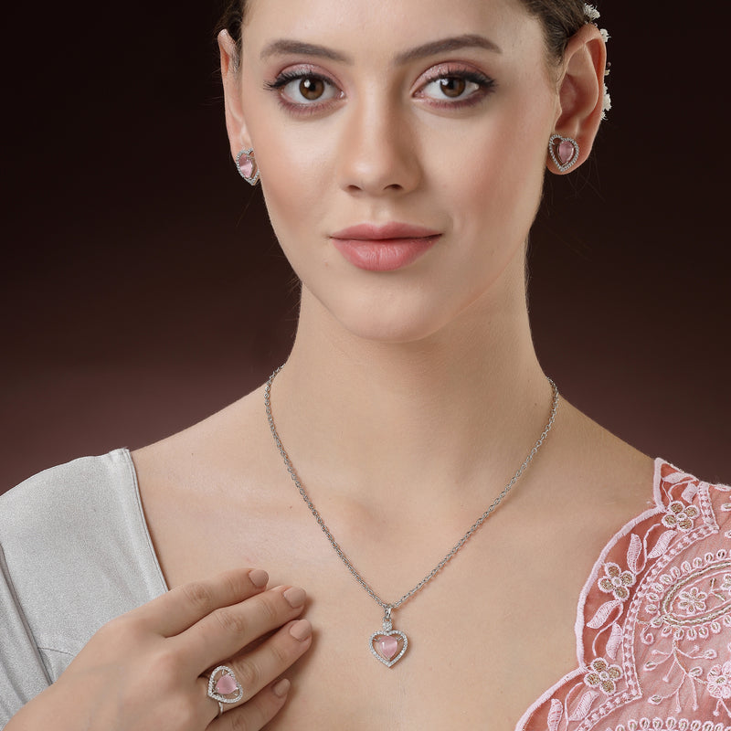Rhodium Plated Silver Toned Heart Shaped Pink American Diamond Studded Pendant Combo With Ring