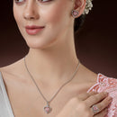 Rhodium Plated Silver Toned Heart Shaped Pink American Diamond Studded Pendant Combo With Ring