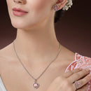 Rhodium Plated Silver Toned Pink American Diamond Studded Pendant Combo With Ring