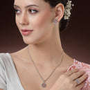 Rhodium Plated Silver Toned Subtle Pink American Diamond Studded Pendant Combo With Ring
