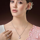 Rhodium Plated Silver Toned Square Shaped Pink American Diamond Studded Pendant Combo With Ring
