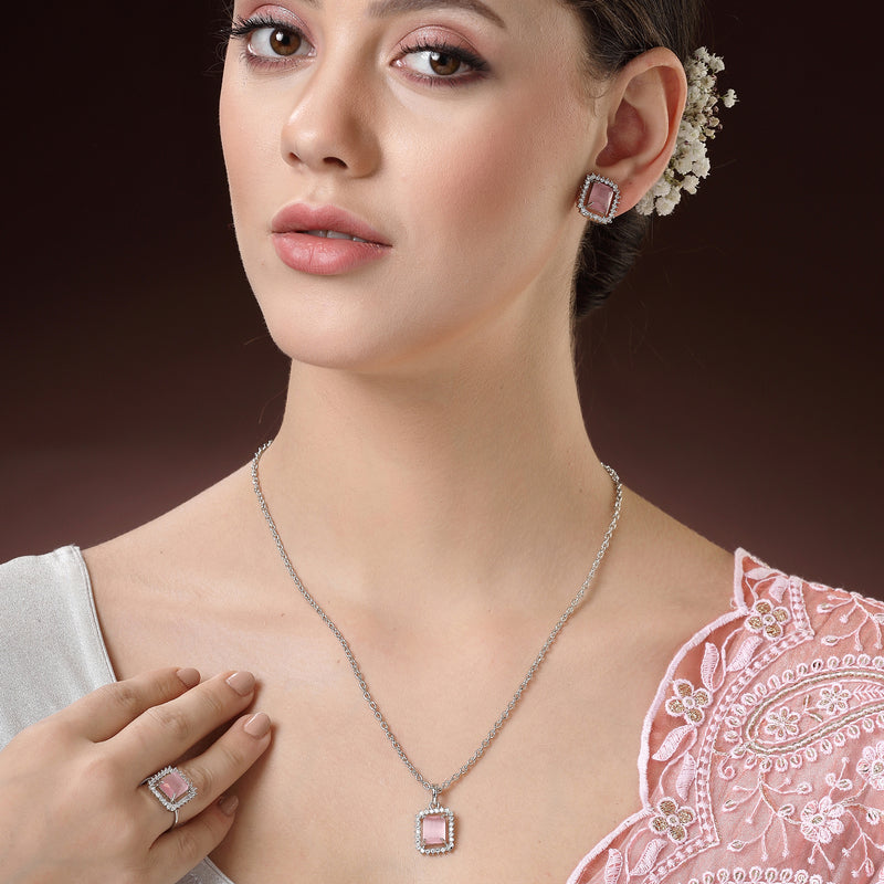 Rhodium Plated Silver Toned Square Shaped Pink American Diamond Studded Pendant Combo With Ring