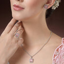 Rhodium Plated Silver Toned Square Shaped Pink American Diamond Studded Pendant Combo With Ring
