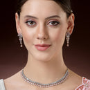Rhodium Plated Silver Toned Pink AD Studded Classic Necklace With Floral Drop Earrings