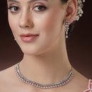 Rhodium Plated Silver Toned Pink AD Studded Classic Necklace With Floral Drop Earrings