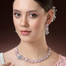 Rhodium Plated Silver Toned Pink Cussion Cut AD Studded  Necklace With Matching Drop Earrings
