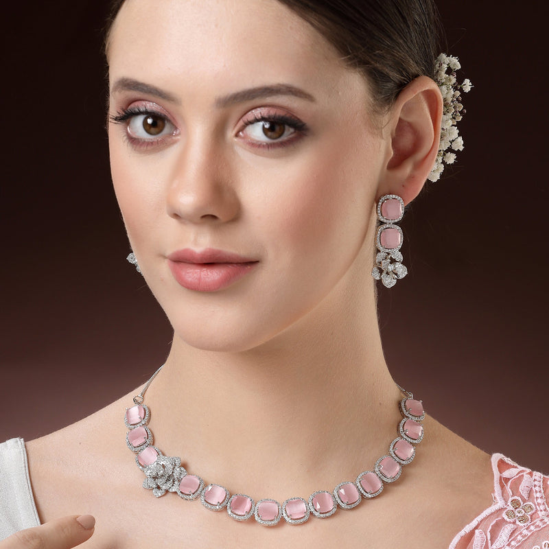 Rhodium Plated Silver Toned Pink Cussion Cut AD Studded  Necklace With Matching Drop Earrings