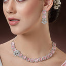 Rhodium Plated Silver Toned Pink Cussion Cut AD Studded  Necklace With Matching Drop Earrings