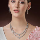 Rhodium Plated Silver Toned Floral Design White AD Studded  Necklace With Matching Drop Earrings