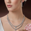 Rhodium Plated Silver Toned Floral Design White AD Studded  Necklace With Matching Drop Earrings