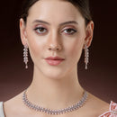 Rhodium Plated Silver Toned Pink Floral American Diamond Studded Necklace With Matching Earrings