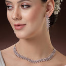 Rhodium Plated Silver Toned Pink Floral American Diamond Studded Necklace With Matching Earrings