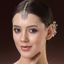 Rhodium Plated Silver Toned Floral Pastel Pink American Diamond Studded Maang Tikka with Elegant Dangling Stones