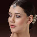 Rhodium Plated Silver Toned Floral Pastel Pink American Diamond Studded Maang Tikka with Elegant Dangling Stones