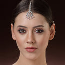 Rhodium Plated Silver Toned Pink American Diamond  Maang Tikka with Elegant Dangling Stones