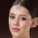 Rhodium Plated Silver Toned Pink American Diamond  Maang Tikka with Elegant Dangling Stones