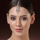 Rhodium Plated Silver Toned Pink & White American Diamond Bridal Maang Tikka With Dangling Teardrop Stones