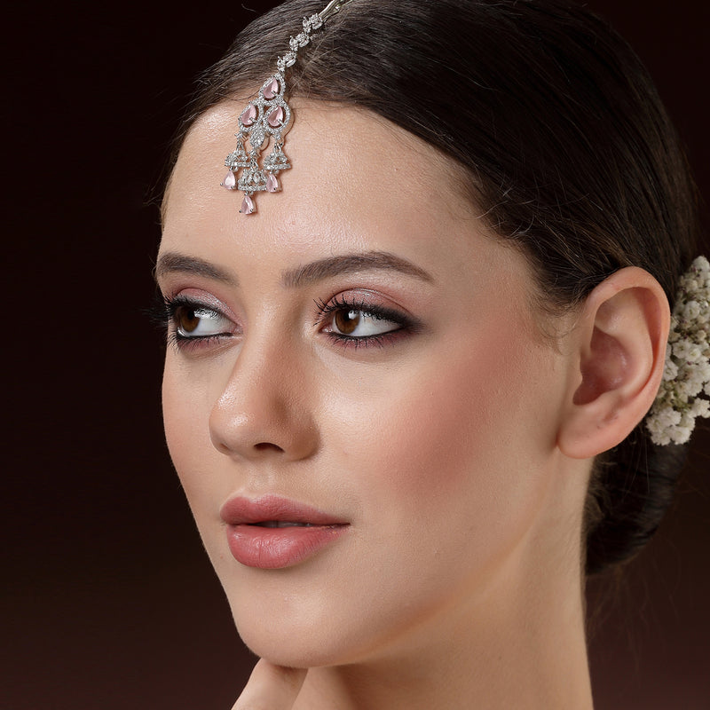 Rhodium Plated Silver Toned Pink & White American Diamond Bridal Maang Tikka With Dangling Teardrop Stones