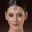 Rhodium Plated Silver Toned Pink  American Diamond  Pear Maang Tikka  with Elegant Dangling Stones