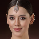 Rhodium Plated Silver Toned Pink  American Diamond  Pear Maang Tikka  with Elegant Dangling Stones
