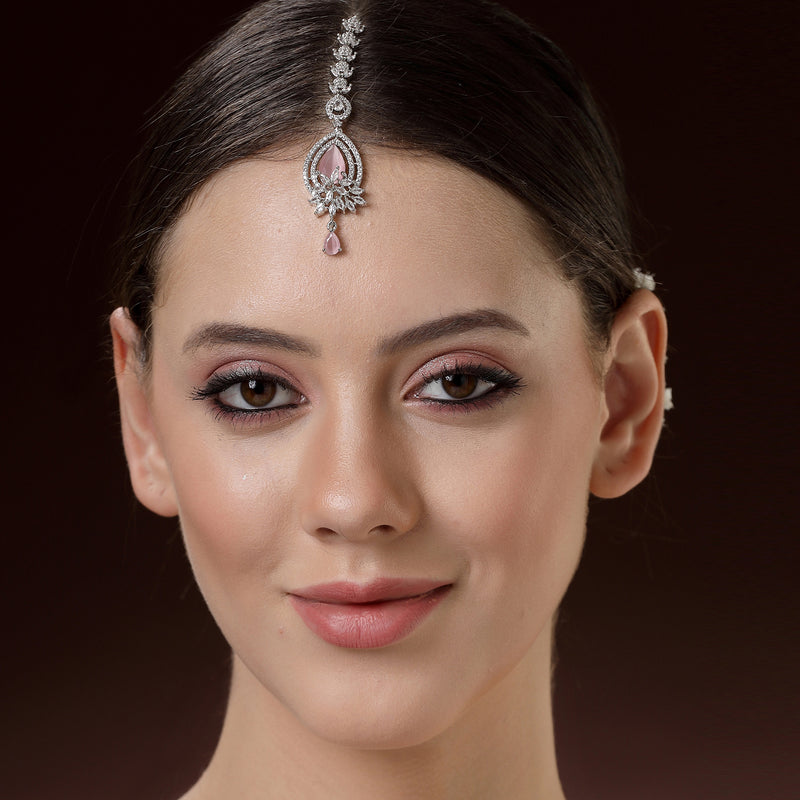 Rhodium Plated Silver Toned Pink American Diamond  Floral Teardrop Maang Tikka with Elegant Dangling Stones