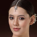 Rhodium Plated Silver Toned Pink American Diamond  Floral Teardrop Maang Tikka with Elegant Dangling Stones