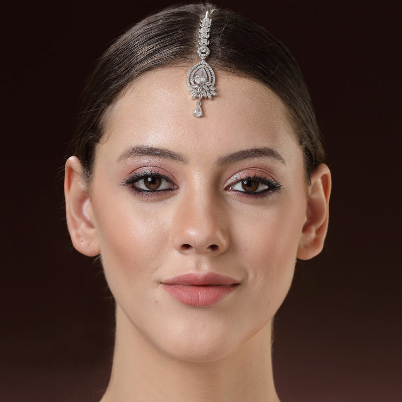 Rhodium Plated Silver Toned White American Diamond  Floral Teardrop Maang Tikka with Elegant Dangling Stones