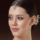 Rhodium Plated Silver Toned White American Diamond  Floral Teardrop Maang Tikka with Elegant Dangling Stones