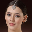 Rhodium Plated Silver Toned White American Diamond Studded Pear  Maang Tikka with Elegant Dangling Stones