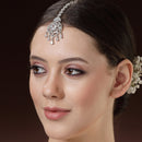 Rhodium Plated Silver Toned White American Diamond Studded Pear  Maang Tikka with Elegant Dangling Stones