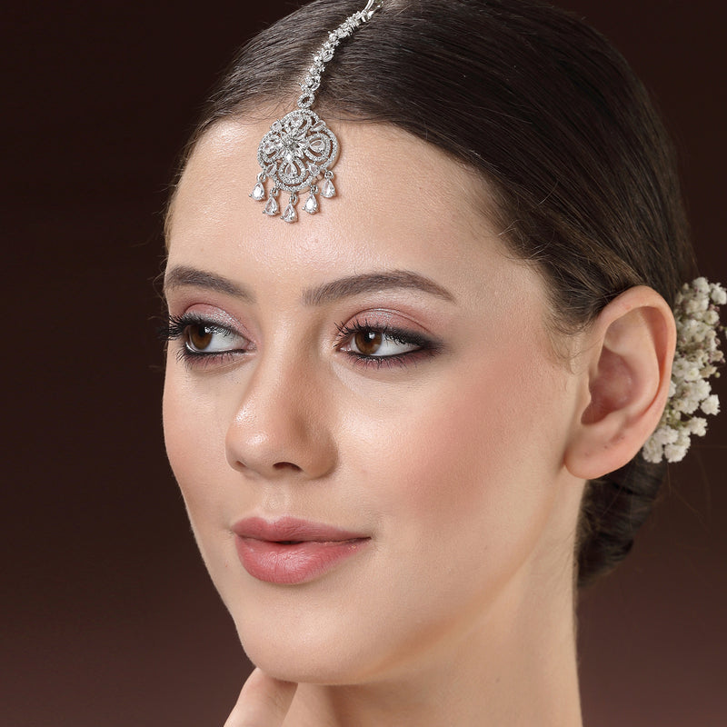 Rhodium Plated Silver Toned Floral White American Diamond Studded Maang Tikka with Elegant Dangling Stones