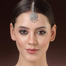 Rhodium Plated Silver Toned Floral White American Diamond Studded Maang Tikka with Elegant Dangling Stones