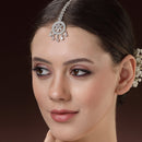 Rhodium Plated Silver Toned White American Diamond  Maang Tikka with Elegant Dangling Stones