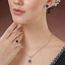 Rhodium Plated Silver Toned Heart Shaped Violet American Diamond Studded Pendant Combo With Ring