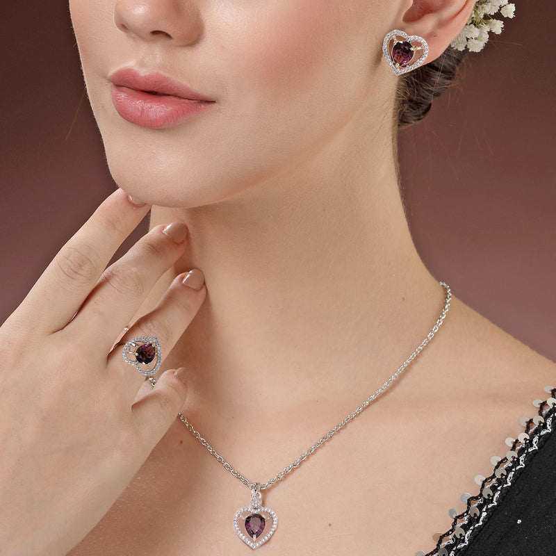 Rhodium Plated Silver Toned Heart Shaped Violet American Diamond Studded Pendant Combo With Ring