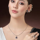 Rhodium Plated Silver Toned Violet American Diamond Studded Pendant Combo With Ring