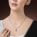 Rhodium Plated Silver Toned Oval Shaped Royal Blue American Diamond Studded Pendant Combo With Ring