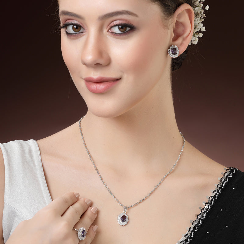 Rhodium Plated Silver Toned Oval Shaped Royal Blue American Diamond Studded Pendant Combo With Ring