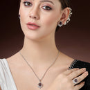 Rhodium Plated Silver Toned Violet Tear dropped  Shaped American Diamond Studded Pendant Combo With Ring